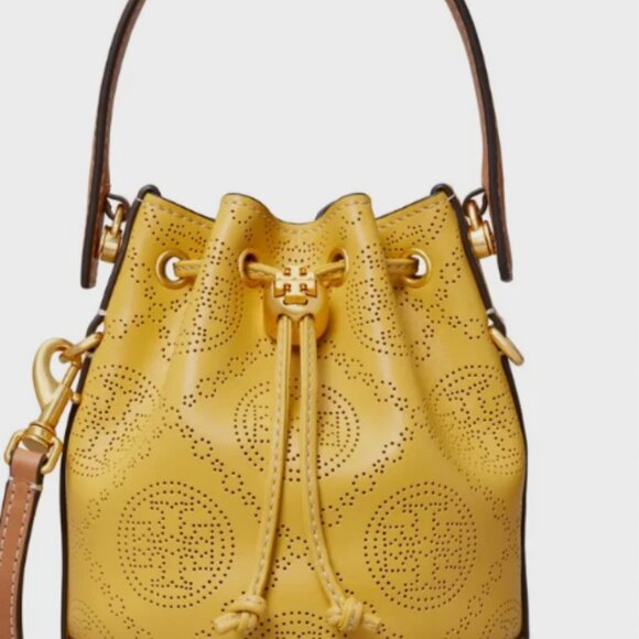 Tory Burch T Monogram Perforated Leather bucket MSRP$488 Statement Piece - Picture 6 of 15